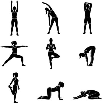 Collection of nine yoga poses silhouettes, fitness flexibility exercises and gym workout vector training asset sheet