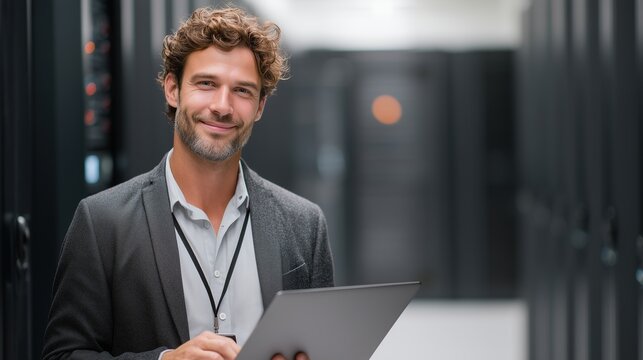 Tech worker holding a laptop stands before glowing server indicators. Concept of enterprise connectivity, reliable hosting, and backend systems management.