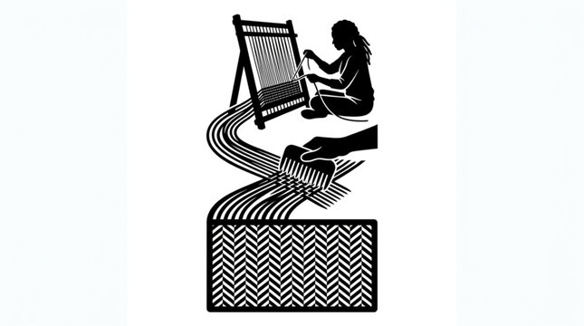 Traditional African woman weaving kente cloth on loom with artisan hand beating warp threads using wooden comb tool and herringbone geometric pattern panel vector silhouette set