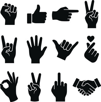 Black silhouette collection of diverse hand gestures including fist, thumbs up, peace sign, shaka, pointing, and expressive communication symbols