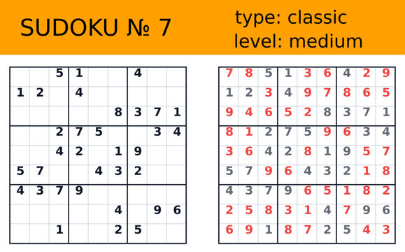Classic medium sudoku worksheet number seven with puzzle grid solution panel orange header black layout for printable brain training logic challenge educational numeracy activity resource