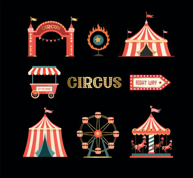 Vintage circus and funfair graphic elements collection with gold textures.