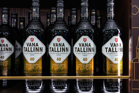 Helsinki, Finland, March 24th 2025. Vana tallinn liqueur bottles duty free store shelf. Estonian alcoholic beverage in branded glass bottles with labels