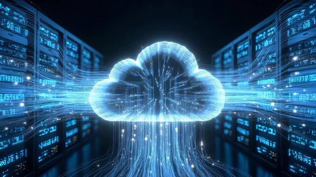 Cloud-shaped digital data flow in futuristic style on dark server background, concept of advanced cloud computing