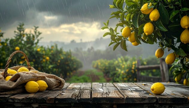 A professional countryside scene featuring a fruitful [LEMON] tree positioned prominently on the right side of the frame. Background filled with additional [LEMON] trees with soft blur and atmospheric