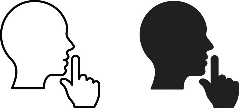 Shushing gesture silhouette and icon with humanity vector illustration.