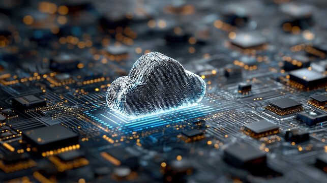 A voxel-style glowing cloud symbol integrated into a high-performance computer circuit. Concept of artificial intelligence, big data analytics, and cyber protection.