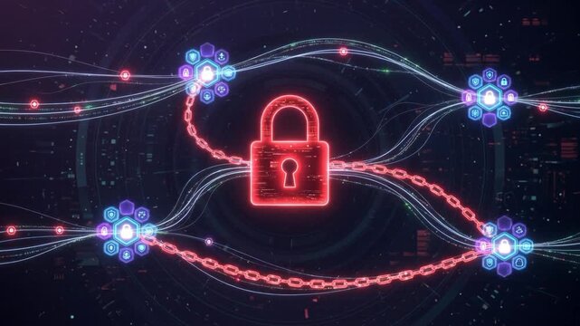 Glowing padlock with digital chains in futuristic style on dark tech background, concept of cybersecurity and data protection