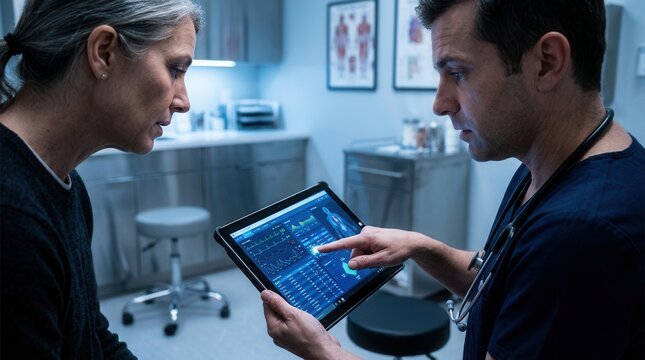 Medical Professional Explains Diagnostic Data To Concerned Patient In Clinic Setting