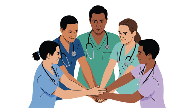 A group of five medical professionals in scrubs and stethoscopes join hands in a central stack to signal collaboration within a bright, clinical, and clean setting.