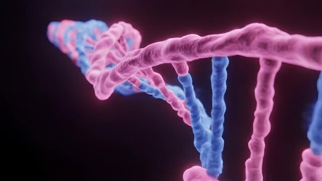 Abstract 3D rendering of a DNA double helix structure in glowing blue and pink colors.