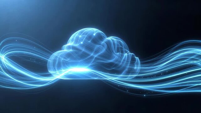 Luminous cloud formed by blue light lines in digital style on a dark background, illustrating the concept of modern cloud computing technology