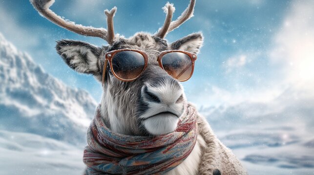 Close-up of a deer in human-like winter fashion accessories with snowy mountains behind. Concept of winter apparel trends and anthropomorphic style.