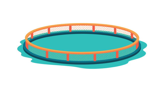 A circular aquaculture floating fish enclosure with orange netting sits on calm turquoise water in a bright and clean environment with a sea-foam color theme.