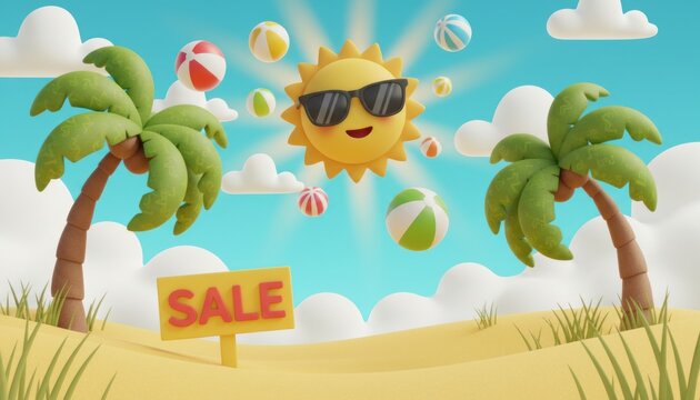 Summer sale 3D background with cartoon sun wearing sunglasses, tropical beach landscape with palm trees and beach balls, seasonal promotion banner