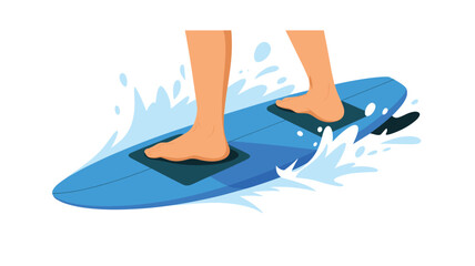 Obraz premium Two bare feet stand firmly on a bright blue surfboard featuring black traction pads and water splashes in a stylized vector illustration with a clean white background.