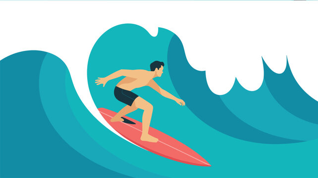 A male surfer balances on a bright red surfboard while riding a large curling turquoise ocean wave in a stylized flat vector illustration with a solid color backdrop.