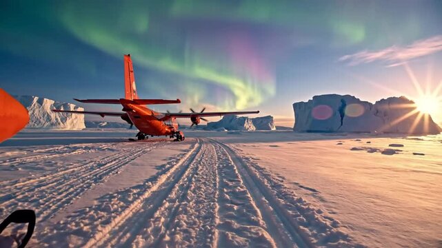 Orange ski planes on snowfield under aurora borealis and sunburst