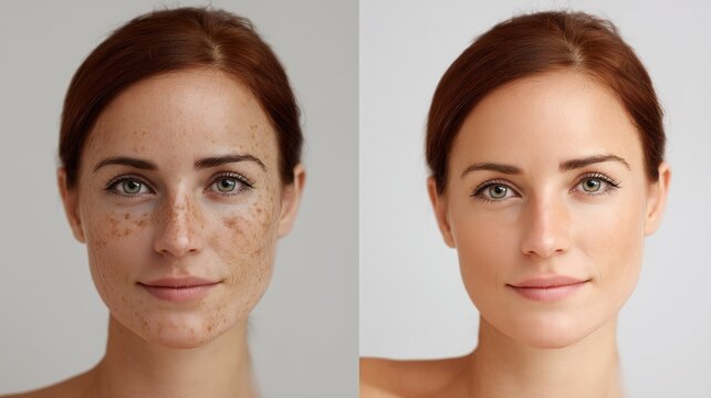 Comparison of a woman's face showing freckles versus clear smooth skin. Concept of effective dermatological treatment and radiant beauty.