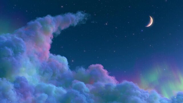 D-rendered nighttime sky background with colorful clouds and crescent moon, showcasing the gradual transition of auroras and starry night across three frames