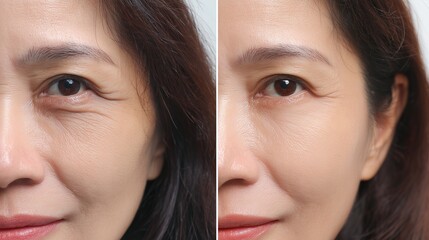 Fototapeta na wymiar Comparison of sagging eyelids and firm smooth skin around eyes. Concept of aesthetic surgery, medical correction, and youthful appearance.