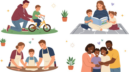 Fototapeta premium Happy Family Activities Vector Character Set with Parents Teaching Son Ride Bicycle Reading Book Cooking and Hugging Together for Parenting Designs