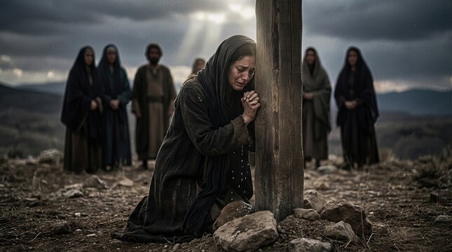 The Virgin Mary weeps heartbroken at the foot of the cross on Golgotha, witnessing the crucifixion of Jesus Christ, surrounded by sorrowful religious persons, a scene of immense spiritual sacrifice