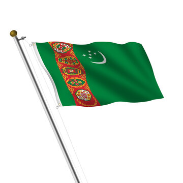 Turkmenistan flagpole 3d illustration on white with clipping path