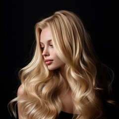 Naklejka premium Close-up of a woman with healthy voluminous blonde curls. Concept of high-end salon results, perfect coloring, and sophisticated hair care.