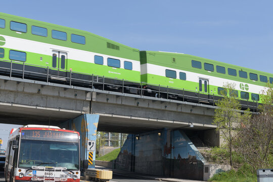 underpass at 195 Warden Av with Lakeshore East GO Train rail corridor vehicle and TTC bus heading southbound, Toronto
