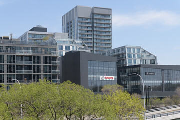 Naklejka premium downtown Toyota dealer at 79 E Don Roadway viewed from Queen Street Viaduct, Toronto