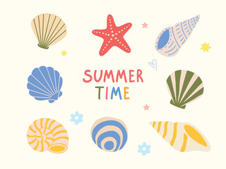 Fototapeta premium Cute flat vector illustration of a summer transportation set with rowboat, convertible car, kick scooter, bicycle with basket, motorboat, vintage scooter, and retro bus around colorful hand lettering 