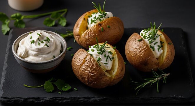 Three baked potatoes with fresh rosemary garnish and a small bowl of creamy cr&egrave;me fra&icirc;che served on a dark slate board against a black background