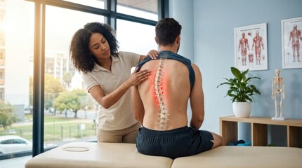Obraz premium Vertebral column condition: scoliosis diagnosis, spine examination, back pain, body posture, patient consult, physical therapy, health care, corrective exercise.