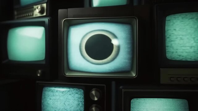 Television old model with small screen and analog dials in a dark room with multiple sets featuring vintage tv, retro tv, tv set with monitor and