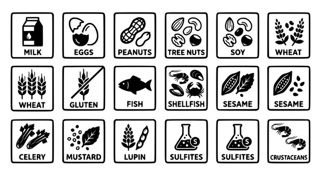 Creative allergen warning badge vector set with food intolerance illustrations