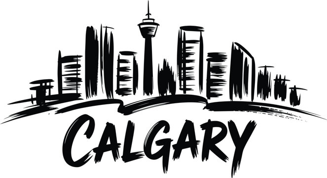Cityscape silhouette with prominent tower and skyscrapers featuring bold brushstroke style text calgary below in a graphic illustration and western