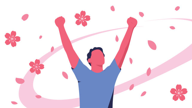 A person wearing a blue t-shirt stands with raised arms in a celebratory pose while pink flower petals swirl around in a dynamic circular motion pattern.