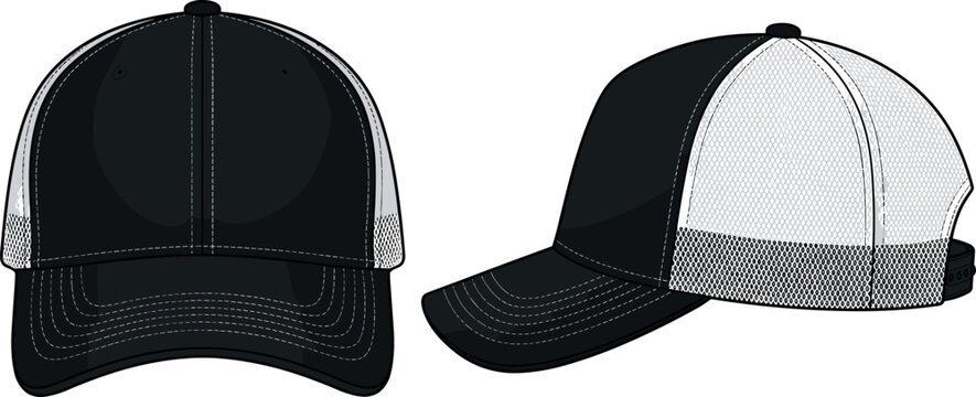 Black and White Trucker Hat Vector Template with Front and Side View Mesh Cap Mockup for Sportswear Fashion Branding and Apparel Identity Designs