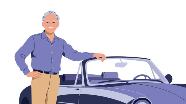 An older man with grey hair wearing a blue button-down shirt leans against a classic dark blue convertible car on a plain white background with soft lighting.