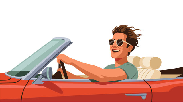 A young man with windblown hair and stylish sunglasses drives a bright red convertible car on a clean white background with a vibrant color motif.