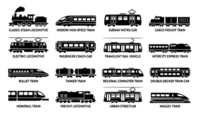 Black Train Icon Set with Railway Transport and Locomotive Silhouette Vector Collection © Sifat