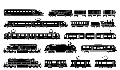 Modern Railway Transport Silhouette Collection with Black Train Vector Icons © Sifat