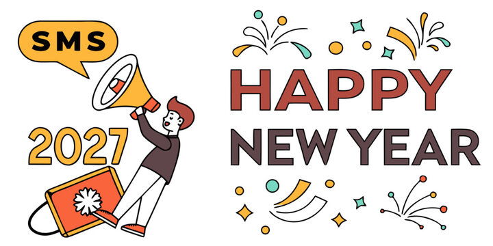 Character holding megaphone celebrating happy new year 2027 with festive firework design elements celebration megaphone character fireworks announcement illustration