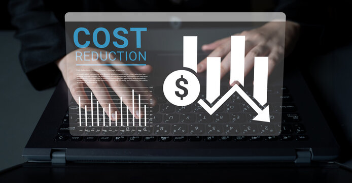 A professional setting showing hands typing on a laptop with visual elements representing cost reduction and financial growth for business analysis and strategy. Ledger