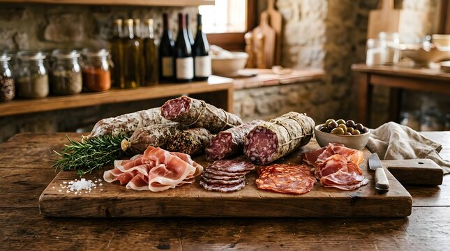 Assortment of cured meats, salami, prosciutto, and sausage slices on a wooden board. Rustic charcuterie platter with rosemary, olives, and salt in a warm kitchen background