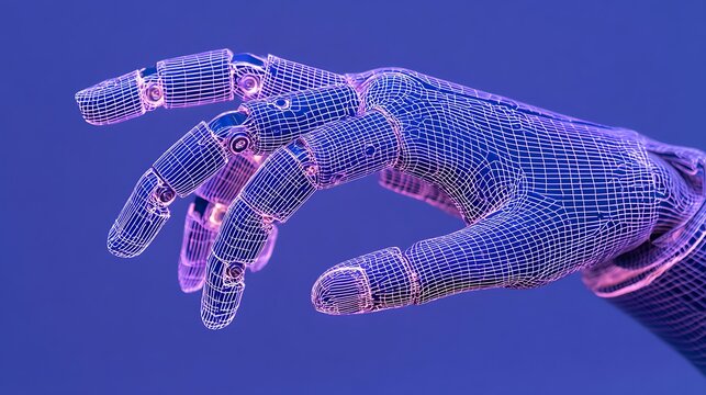 Robotic hand with glowing blue and pink digital wireframe mesh on a solid blue background