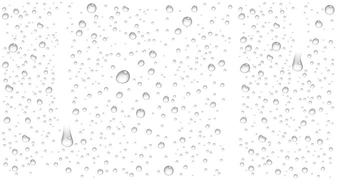 Clear water drop and droplets on window surface, realistic condensation effect, wet rain drops on glass pane