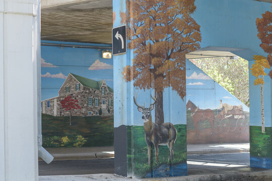 mural by DeAnne Lamirande, Warden Underpass Mural, commissioned by City of Toronto, featuring history of Scarborough