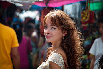 Obraz premium ethereal nymph woman shopping at market, whimsical fairy inspired woman at marketplace, dreamy bohemian beauty exploring rustic market